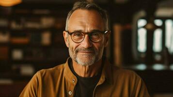 un hombre con lentes y un marrón camisa foto