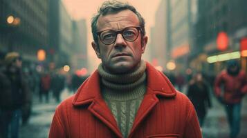 a man with glasses and a red sweater stands photo