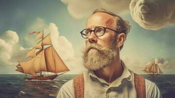 a man with glasses and a sailboat in the background photo