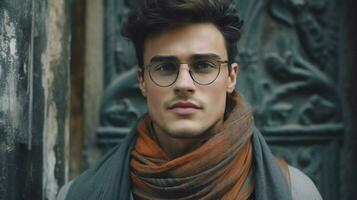 a man with glasses and a scarf is looking photo