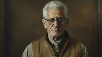 a man with grey hair and glasses with a brown photo