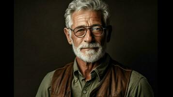 a man with grey hair and glasses with a brown photo