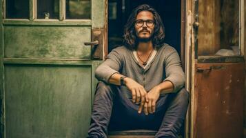 un hombre con largo pelo y lentes es sentado foto