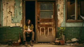 a man with long hair and glasses is sitting photo