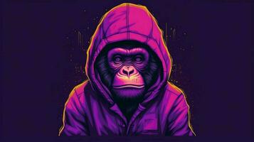 a monkey in a hoodie stands in a dark purple back photo