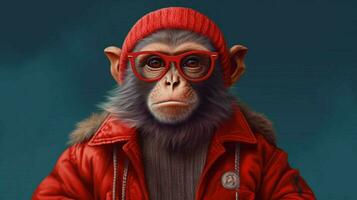 un mono en un rojo chaqueta con un rojo capucha foto