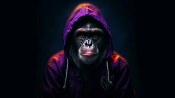 a monkey in a hoodie stands in a dark purple back photo