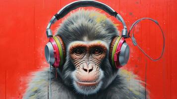 a monkey with a cap and headphones on photo