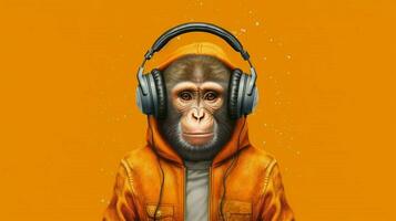 a monkey wearing a jacket and headphones photo