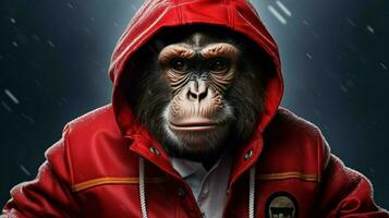 a monkey wearing a red jacket and a hoodie photo