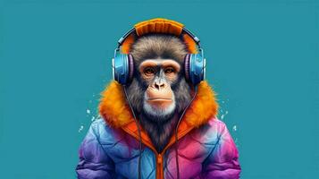 a monkey wearing a jacket and headphones photo