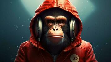 a monkey wearing a red jacket and a hoodie photo