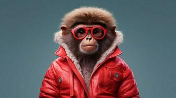 a monkey in a red jacket with a red hoodie photo