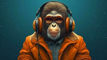 un mono con un chaqueta y auriculares es vistiendo foto