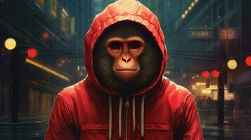 a monkey wearing a red jacket and a hoodie photo