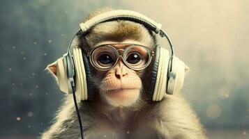 a monkey with a cap and headphones on photo