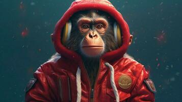 un mono vistiendo un rojo chaqueta y un capucha foto