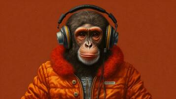 a monkey with a jacket and headphones is wearing photo