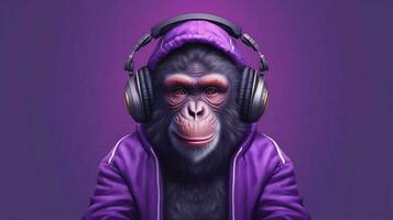 a monkey with a purple hoodie and headphones photo