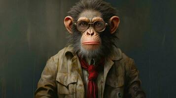 a monkey with glasses and a jacket that says plan photo