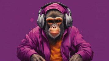 a monkey with a purple hoodie and headphones photo