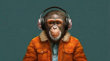 a monkey with a jacket and headphones is wearing photo