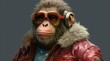 a monkey with glasses and a jacket that says plan photo