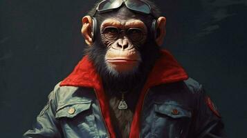 a monkey with glasses and a jacket that says plan photo