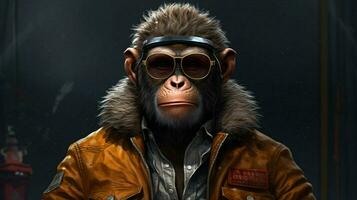 a monkey with glasses and a jacket that says plan photo