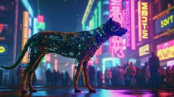 a neon leopard dog in a city photo
