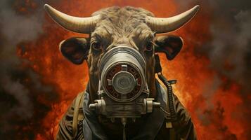 un pintura de un toro con un gas máscara en eso foto