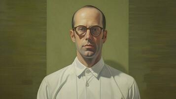 a painting of a man with glasses and a white shirt photo