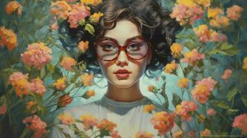 a painting of a woman with glasses and flowers photo