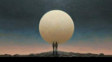 a painting of two people looking at the moon photo