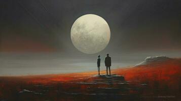 a painting of two people looking at the moon photo