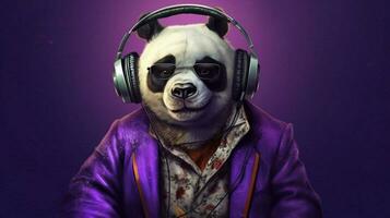 un panda perro en un púrpura chaqueta y auriculares foto