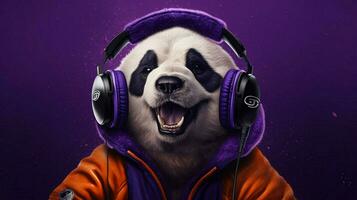 un panda perro en un púrpura chaqueta y auriculares foto