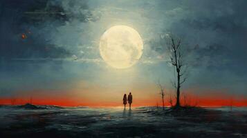 a painting of two people looking at the moon photo