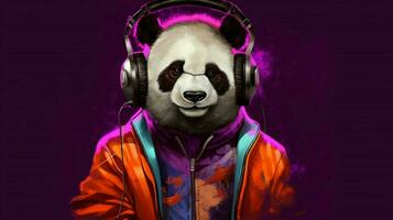 a panda dog in a purple jacket and headphones photo