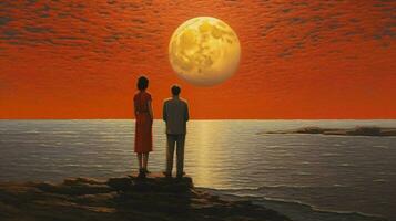 a painting of two people looking at the moon photo