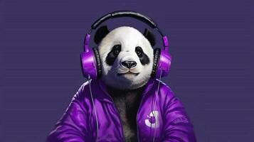 a panda dog in a purple jacket and headphones photo