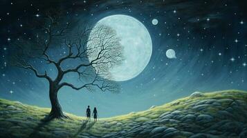 a painting of two people looking at the moon photo