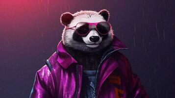 a panda in a purple jacket and glasses photo