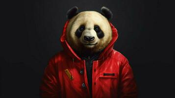 un panda en un rojo chaqueta foto