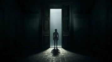 un persona es en pie en un oscuro pasillo foto