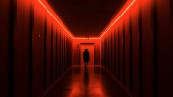 a person walking in a dark hallway with a red photo