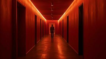 a person walking in a dark hallway with a red photo