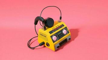 a pink and yellow cassette player with a yellow photo