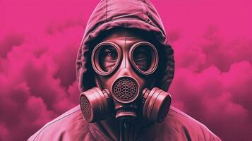 a pink poster with a man wearing a gas mask photo