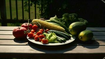 a plate of vegetables on a picnic table photo